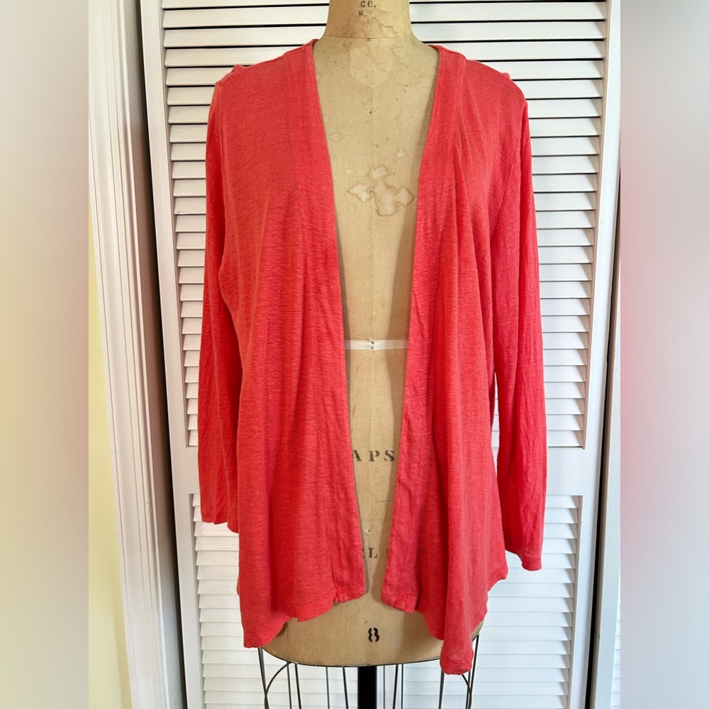 J Jill Love Linen Orange Coral Open Front Cardigan Women's Size Large Petite - Picture 2 of 8